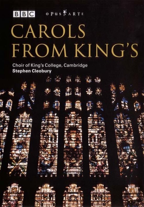 DVD hoes met 'Carols From King's' logo, koor van King's College, Cambridge, Stephen Cleobury, en een afbeelding van glas-in-loodramen.