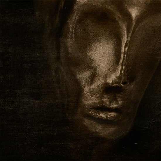 Image abstraite de visage en bronze sur fond sombre.