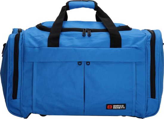 Heldere blauwe sporttas met dubbele ritsen en zwarte handvatten.