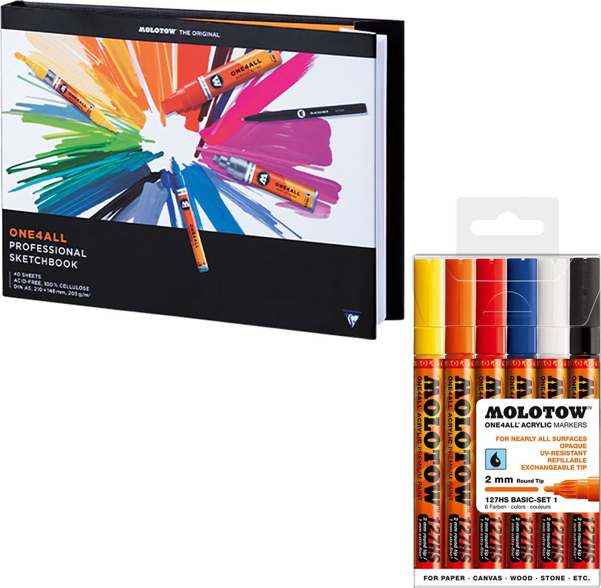 Molotow ONE4ALL™ set - Marker Set - 6 127HS Markers 2mm - Professioneel Marker Schetsboek A5 Landscape