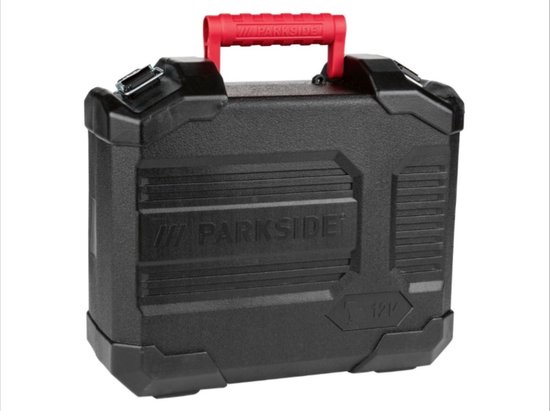 Zwarte Parkside gereedschapskist met rode handgreep, met 12V-aanduiding.