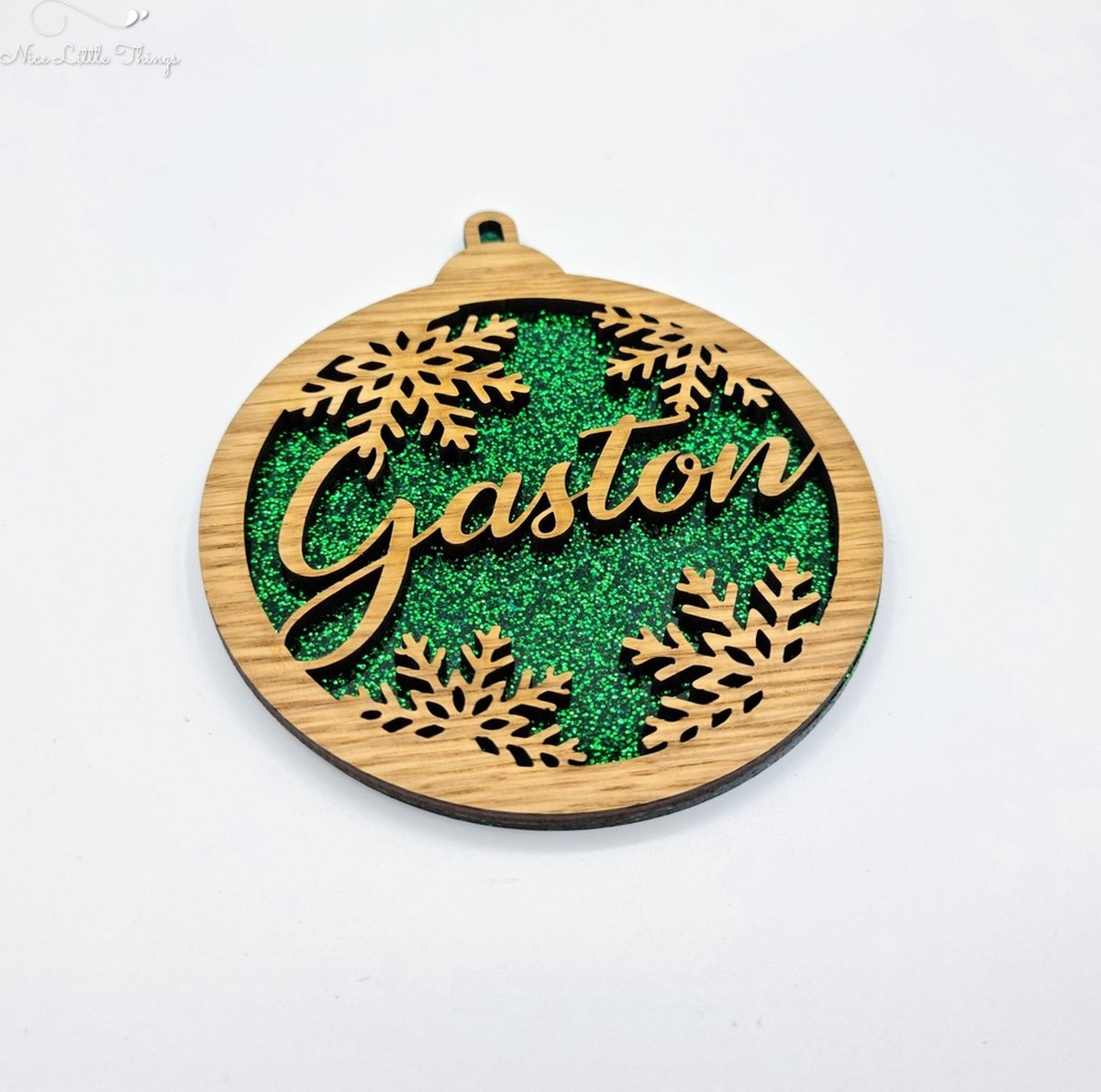 [Nice Little Things] Multilayer kerstbal glitter - Met naam - Groen - Eik