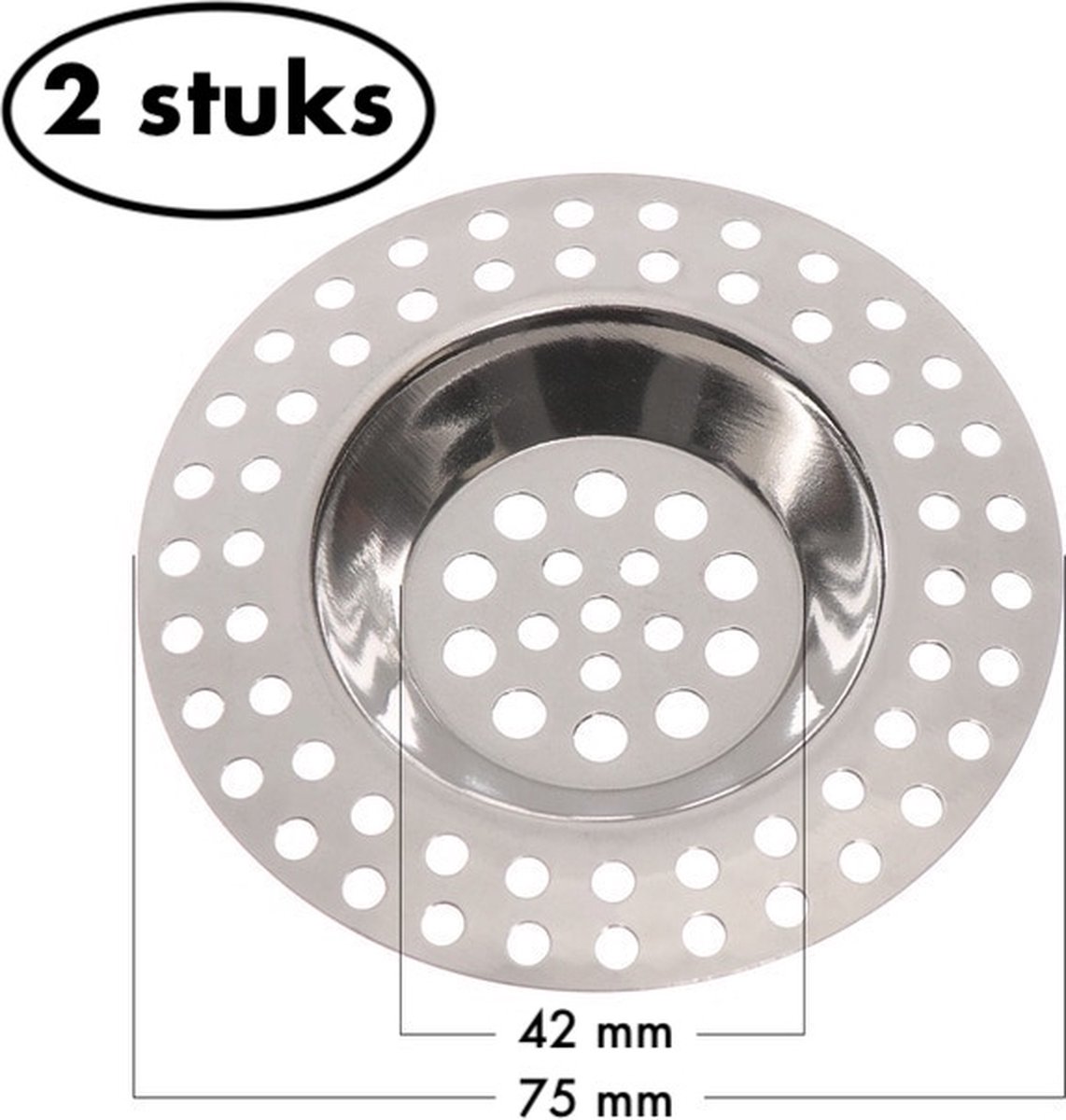 Goedkoopste Gootsteen zeef RVS 75mm buitenmaat 42mm binnenmaat - Wastafel putje – Afvoer filter – 2 stuks