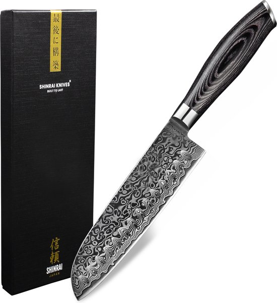 Shinrai Japan - Japans Santokumes 18 cm - Koksmes - Damascus Mes - Damast Pakka Wood - Met Luxe Geschenkdoos