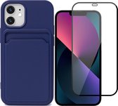 iPhone 12 / iPhone 12 Pro Hoesje Pasjeshouder Blauw - Siliconen Case Back Cover + Full Screen Protector Glas Screenprotector