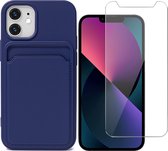 Hoesje geschikt voor iPhone 12 / 12 Pro Pasjeshouder Blauw - Siliconen Case Back Cover + Screenprotector Glas