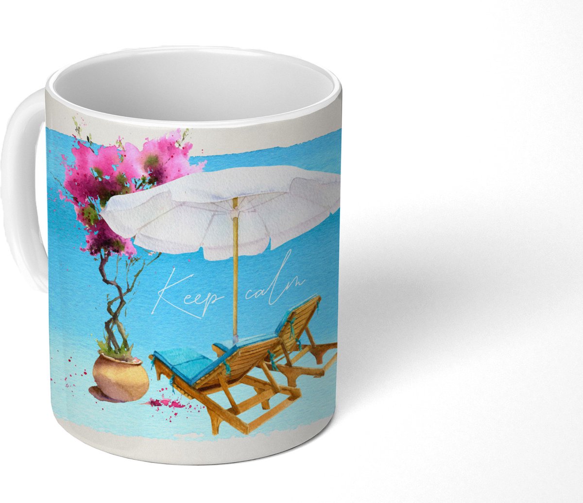 Mok - Koffiemok - Strandstoel - Parasol - Bloemen - Aquarel - Mokken - 350 ML - Beker - Koffiemokken - Theemok