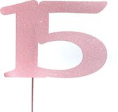 Taartdecoratie | Taarttopper| Taartversiering| Verjaardag| Cijfers| 15| Roze glitter| 14 cm| karton