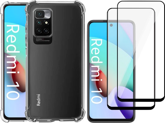 Étui pour Xiaomi Redmi 10 - Étui anti-chocs à couverture arrière transparente + 2x protection d'écran intégrale en verre