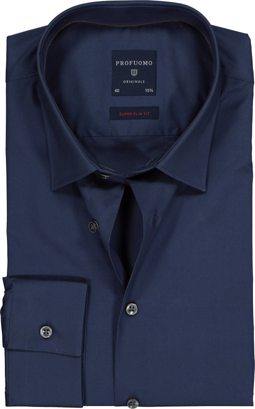 Profuomo super slim fit overhemd - stretch poplin - navy blauw - Strijkvriendelijk - Boordmaat: 38