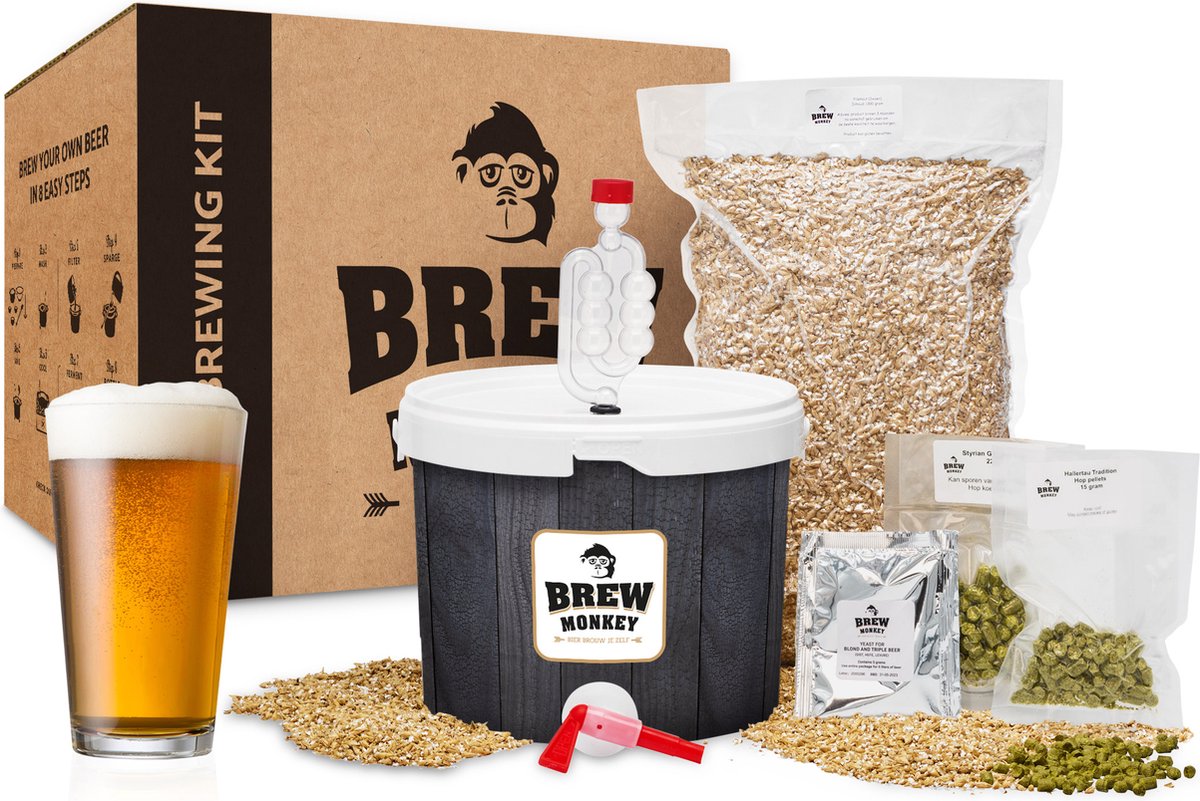 Brew Monkey Basis IPA - Bierbrouwpakket - Zelf Bier Brouwen Bierpakket - Startpakket - Gadgets Mannen - Cadeau - Cadeau voor Mannen en Vrouwen - Bier - Verjaardag - Cadeau voor man - Verjaardag Cadeau Mannen - Brew Monkey