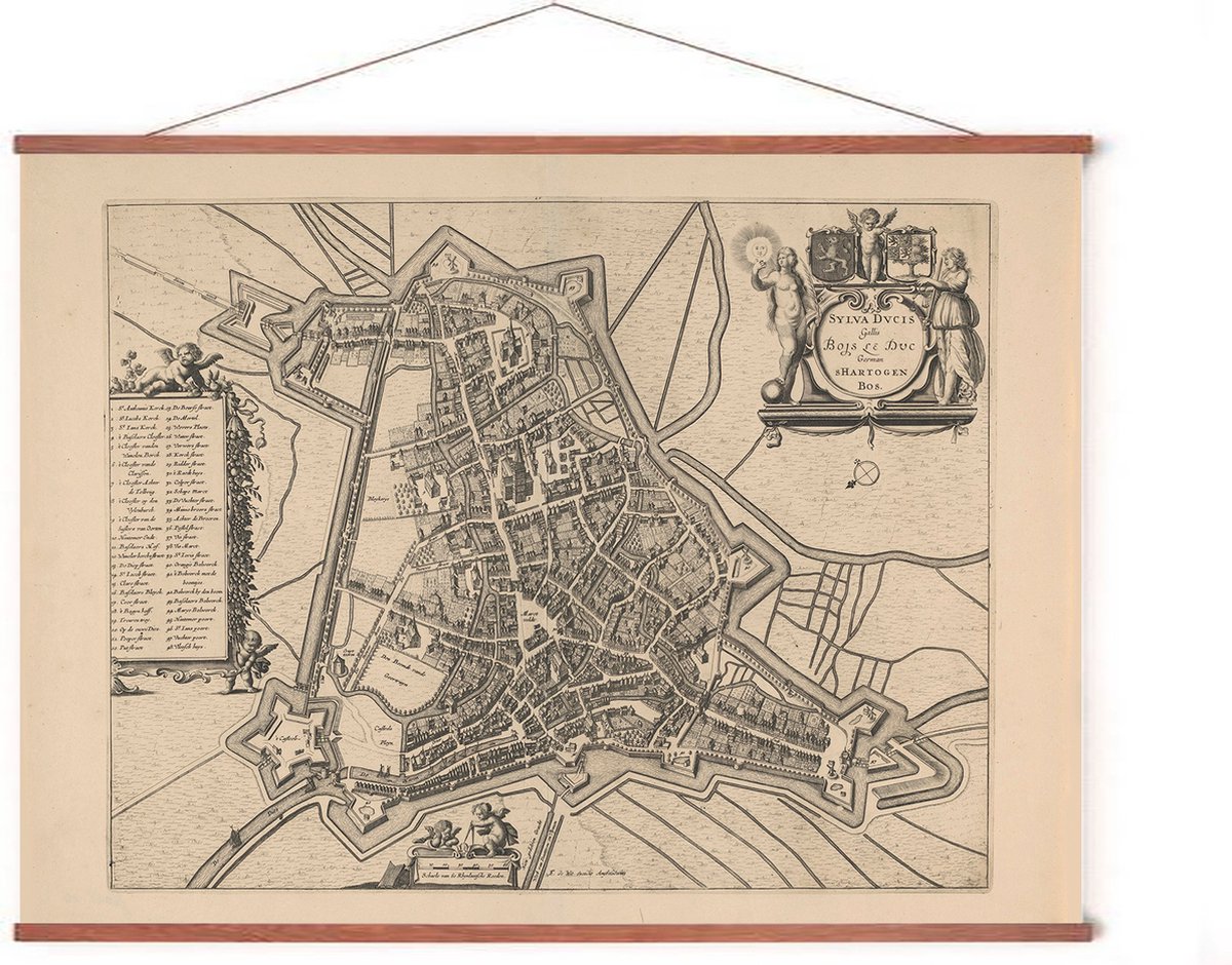 Esque Poster In Posterhanger - Historische Oude Kaart Den Bosch - 50x70 cm - Kader Hout - Ophangsysteem - Vintage Plattegrond