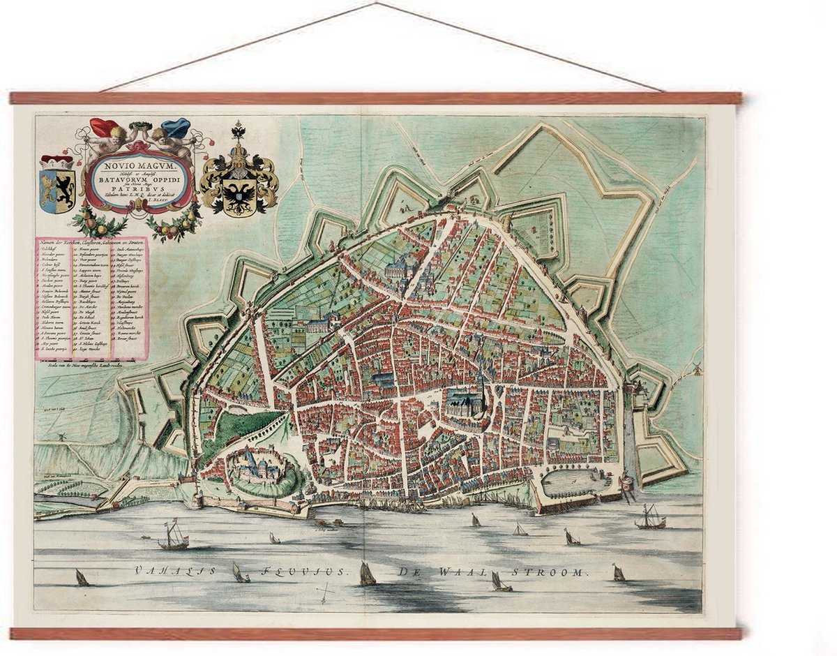 Esque Poster In Posterhanger - Historische Oude Kaart Nijmegen - 50x70 cm - Kader Hout - Ophangsysteem - Vintage Plattegrond