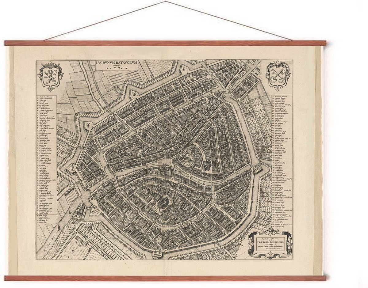 Esque Poster In Posterhanger - Historische Oude Kaart Leiden - 50x70 cm - Kader Hout - Ophangsysteem - Plattegrond