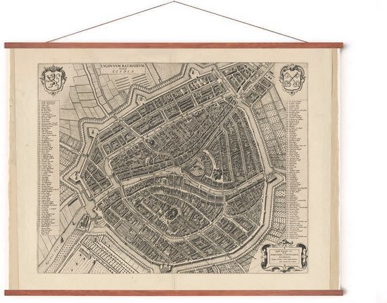 Poster In Posterhanger - Historische Oude Kaart Leiden - 50x70 cm - Kader Hout - Ophangsysteem - Plattegrond