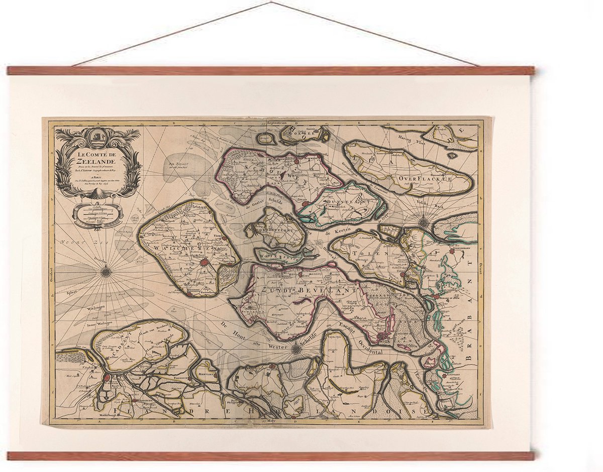 Esque Poster In Posterhanger - Historische Oude Kaart Zeeland - 50x70 cm - Kader Hout - Middelburg - Ophangsysteem