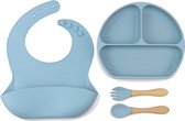Kinderservies - BPA vrij baby servies -  Siliconen slabbetje - Baby servies set 4 delig met zuignap - Baby serviesset met lepel - kinderen vork - blauw