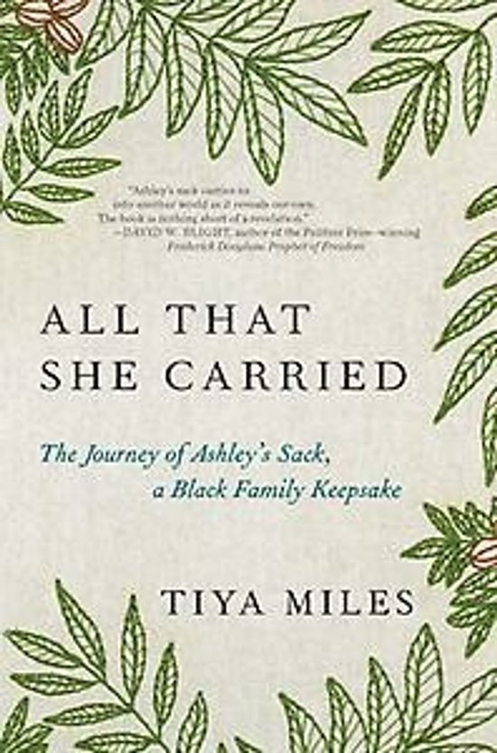Couverture du livre 'All That She Carried' avec texte et bordure de feuilles vertes.