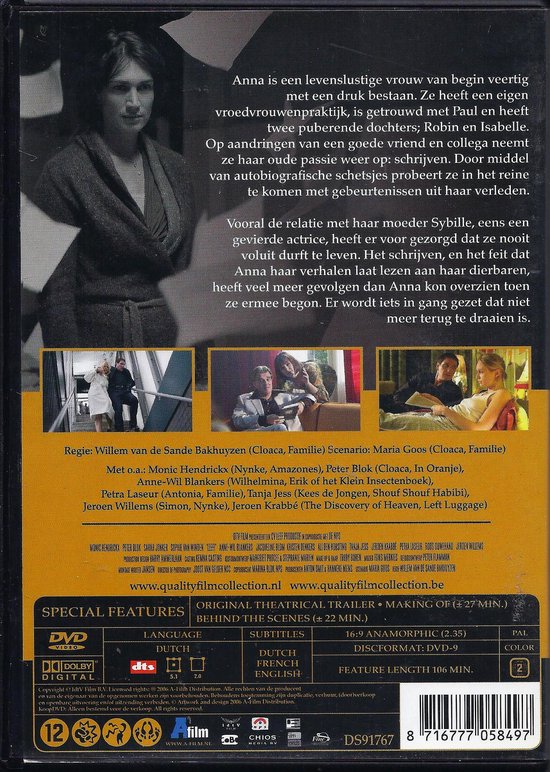 Achterkant DVD-hoes met synopsis en filminformatie. Bevat een scène met drie personen, en de film is "Leef!".