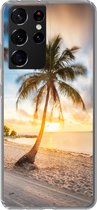 Geschikt voor Samsung Galaxy S21 Ultra hoesje - Zonsondergang - Strand - Palmboom - Siliconen Telefoonhoesje