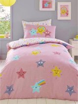 2-persoons kinder / meisjes dekbedovertrek (dekbed hoes) lichtroze / roze met vrolijke fel gekleurde sterren / sterretjes en regenboog/ regenbogen 200 x 200 cm