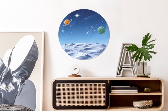 Une illustration d'une lune entre les planètes Assiette en plastique cercle mural ⌀ 60 cm - impression photo sur cercle mural / cercle vivant (décoration murale)