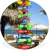 WallCircle - Wandcirkel - Muurcirkel - Gekleurde wegwijzer met wereldsteden op strand in Jamaica - Aluminium - Dibond - ⌀ 140 cm - Binnen en Buiten