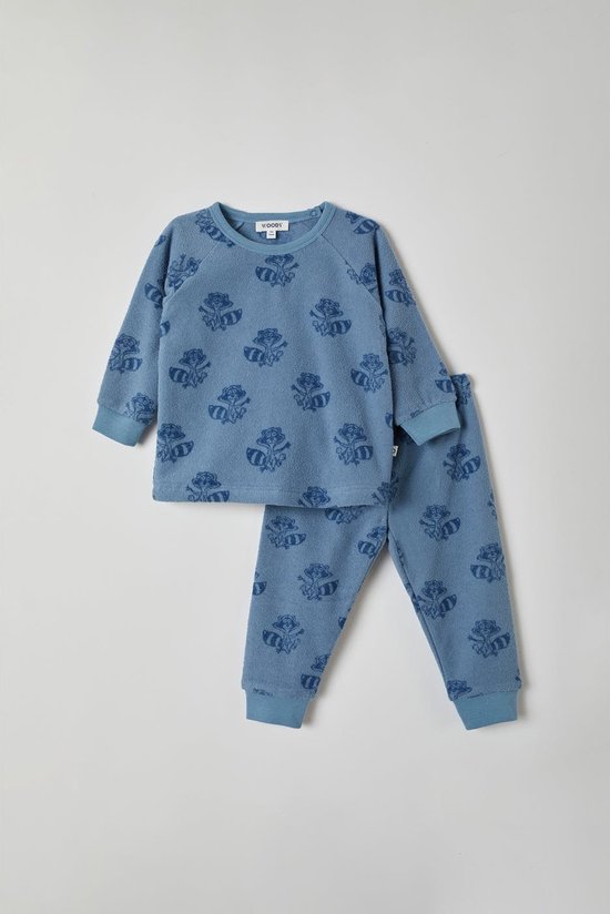 Woody badstof pyjama baby - blauw met wasbeer all-over print -  212-3-WPD-T/930 - maat 80 | bol.com