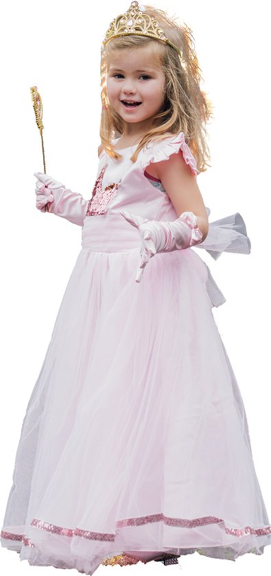Prinsessenjurk Meisje - Verkleedkleding - Roze Jurk - maat 98 (100) - met pailletten kroon - Inclusief accessoires