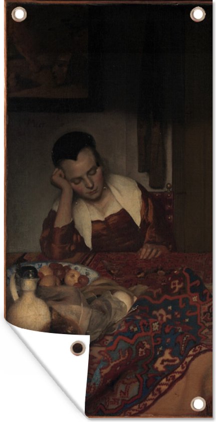 Tuinposter Slapend meisje - Johannes Vermeer - 30x60 cm - Tuindoek - Buitenposter