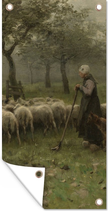 Tuinposter Herderin met kudde schapen - Schilderij van Anton Mauve - 30x60 cm - Tuindoek - Buitenposter