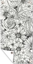 Wanddecoratie buiten Een zwart-wit illustratie van bloemdessin - 80x160 cm - Tuindoek - Buitenposter