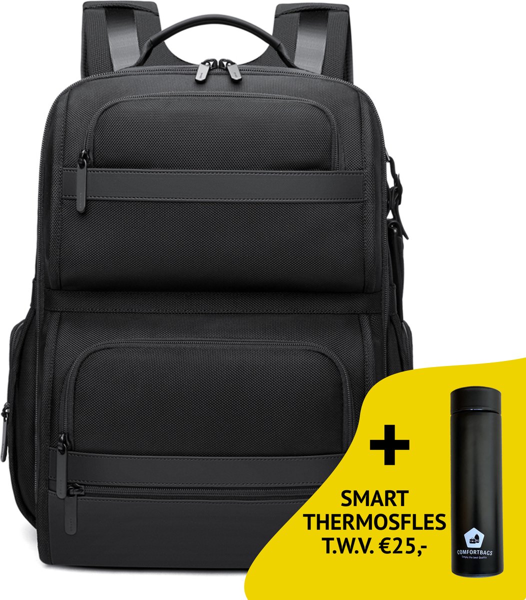 Bange Rugtas - 15,6 inch - Laptop Rugzak - Waterafstotend - Zwart - Incl. Smart Thermosfles