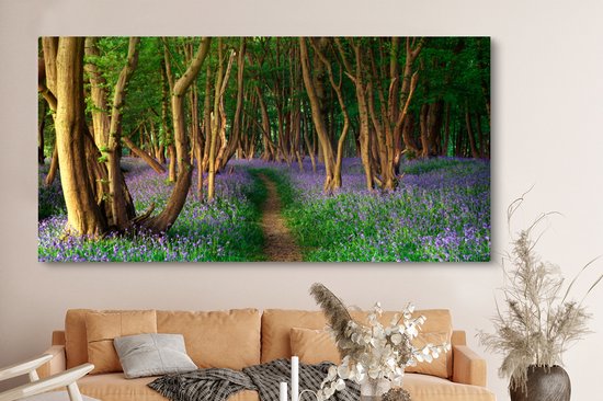 Toile Peinture Forêt - Chemin - Fleurs - 160x80 cm - Décoration murale