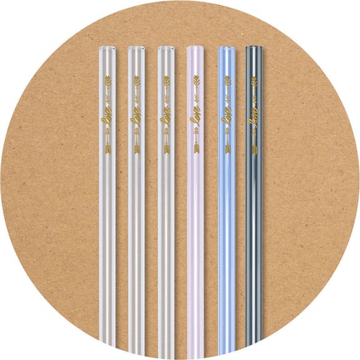 Set van Glazen gekleurde rietjes 6x + reinigingsborstel - opdruk LOVE