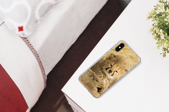 Telefoonhoesje Geschikt voor iPhone X hoesje - Cheeta - Jong - Gras - Siliconen Telefoonhoesje Telefoonhoesje