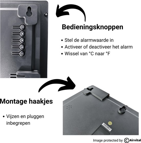 Overzicht van bedieningsknoppen en montagehaakjes achterkant Airvital CO2 monitor.
