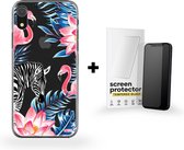 Apple iPhone XR Telefoonhoesje - Transparant Siliconenhoesje - Flexibel - Met Dierenprint - Zebra & Flamingo + Apple iPhone XR Screenprotector - Beschermglas - Helder - Sterk - Gehard Glas - 