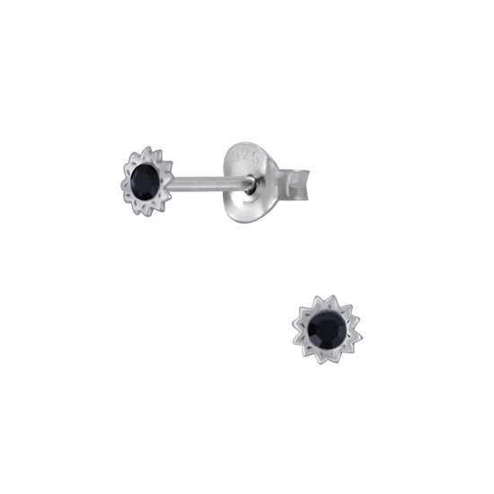 Joy|S - Zilveren mini kinderoorbellen - 3 mm - sun zwart kristal