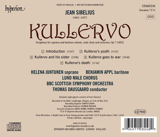 CD hoes met de titel "Kullervo" en informatie over Jean Sibelius en uitvoerders.