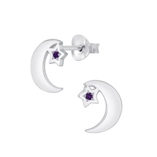 Joy|S - Zilveren maan oorbellen - ster zirkonia paars - 7 x 9 mm