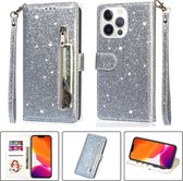 Glitter Bookcase voor Apple iPhone 13 Pro Max | Hoogwaardig PU Leren Hoesje | Lederen Wallet Case | Telefoonhoesje | Pasjeshouder | Zilver