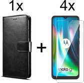 Motorola G9 Play hoesje bookcase met pasjeshouder zwart wallet portemonnee book case cover - 4x Motorola G9 Play screenprotector
