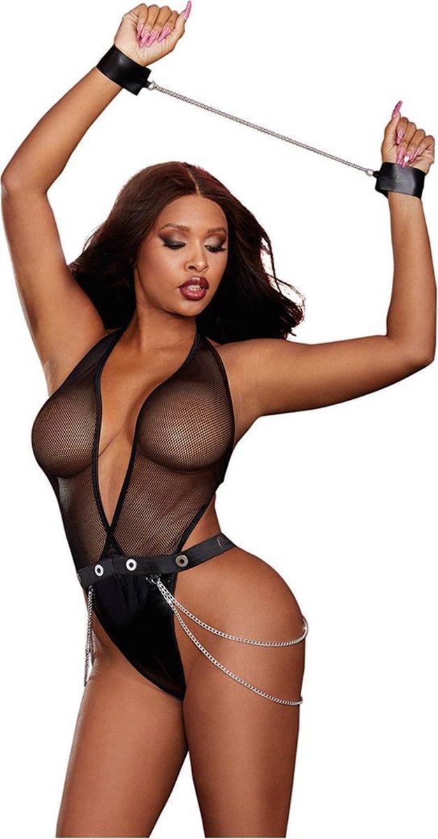 Faux-Leather Deep Plunge Halter Teddy