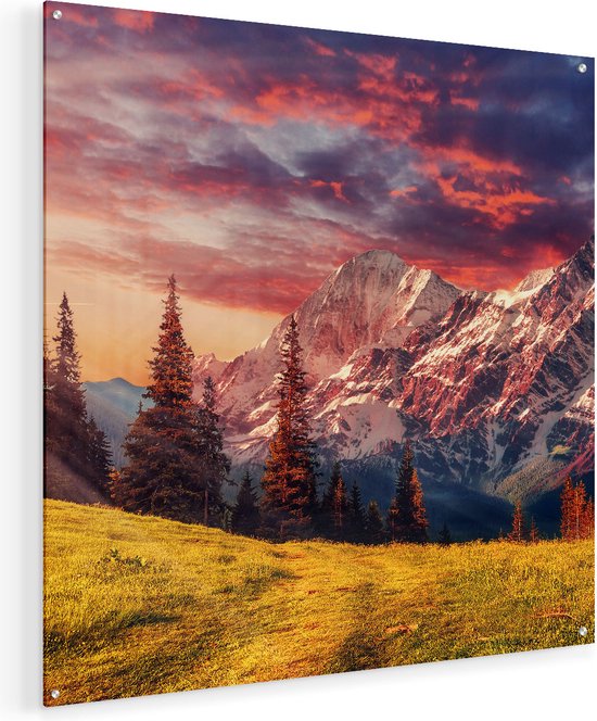 Artaza Glasschilderij - Alpen Landschap Met Een Kleurrijke Hemel - 70x70 - Plexiglas Schilderij - Foto op Glas