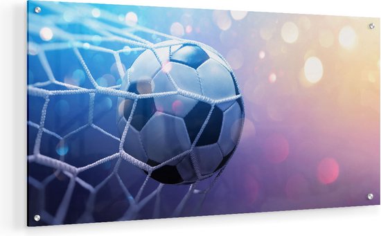 Artaza Glasschilderij - Voetbal Bal Door Het Goal Heen - 60x30 - Klein - Plexiglas Schilderij - Foto op Glas