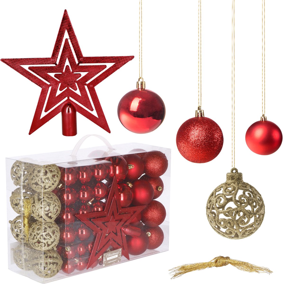 Springos Kerstballen | Kerstversiering | Onbreekbaar | 100 Stuks | Rood Tinten/Goud