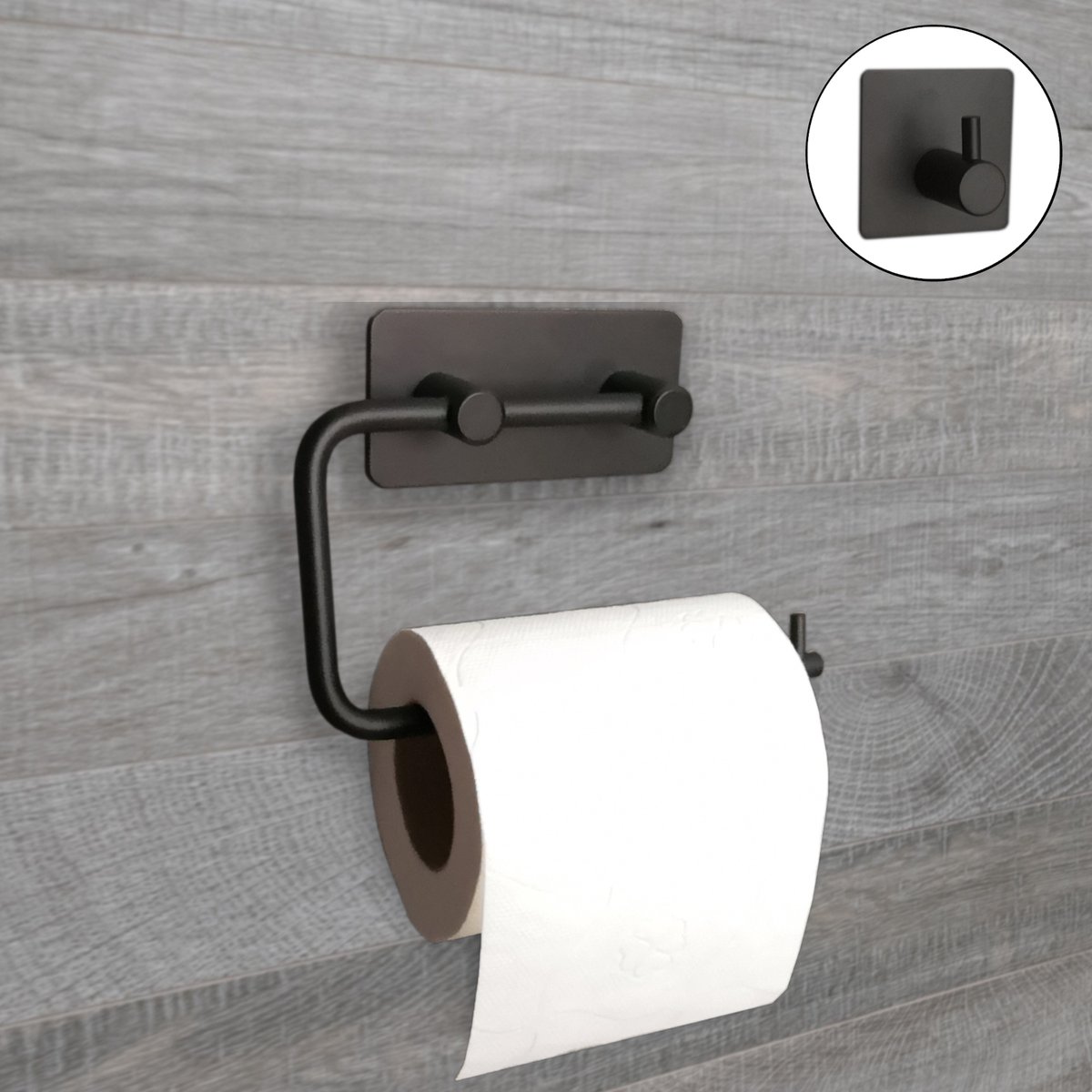Xouvy zelfklevende toiletrolhouder inclusief handdoekhouder zwart – wc rolhouder – handdoekhaak – toilet – zelfklevend – zonder boren – RVS