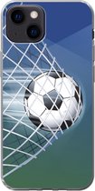 Geschikt voor iPhone 13 mini hoesje - Een illustratie van een voetbal in het net -Jongens - Meisjes - Kinderen - Siliconen Telefoonhoesje