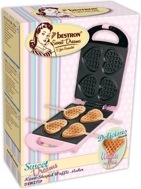 Bestron Wafelijzer - DSW271P - 1400W - 4 mini hartvormige wafels - Incl.20 houten stokjes - Roze van Bestron — afbeelding 4